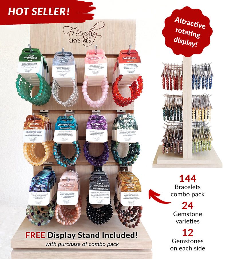 #4 Combo Variety Pack - Pack of 144 Gemstone Power Bracelets 8mm & 10 mm Bracelets & Free Display Stand!