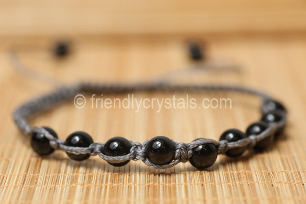 Black Agate Shamballa Bracelet - Grey cord (6mm)