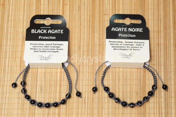 Black Agate Shamballa Bracelet - Grey cord (6mm)