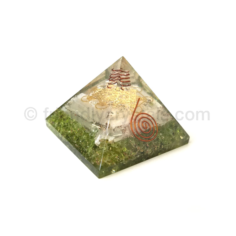 Peridot with Selenite Sticks - Metatron Pyramid 75-80 mm