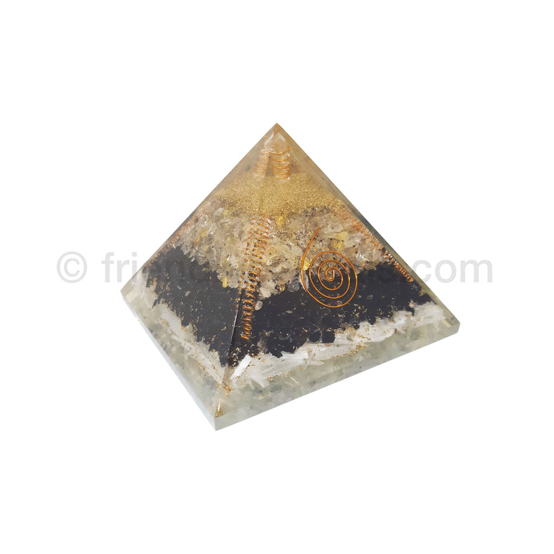 Selenite, Black Tourmaline, Rutilated Quartz, and Quartz Point Pyramid 140 mm